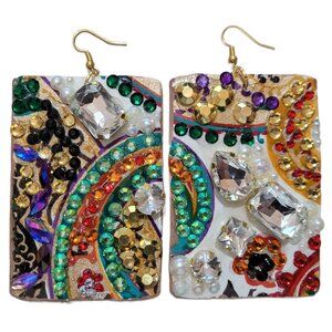 Big Rhinestone Earrings, Wood Statement Earrings Handmade